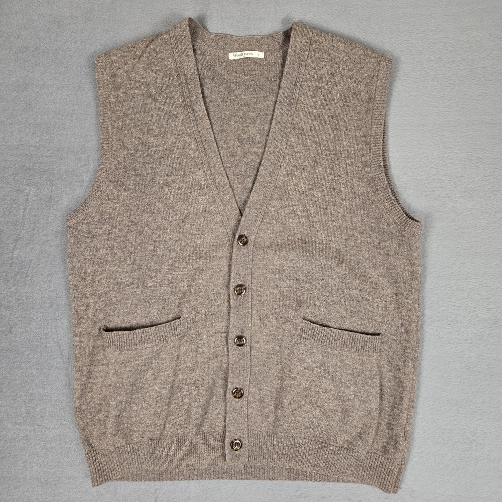 WoolOvers Sweater Vest Men Large Brown Wool V Neck Button Front Cardigan Pocket